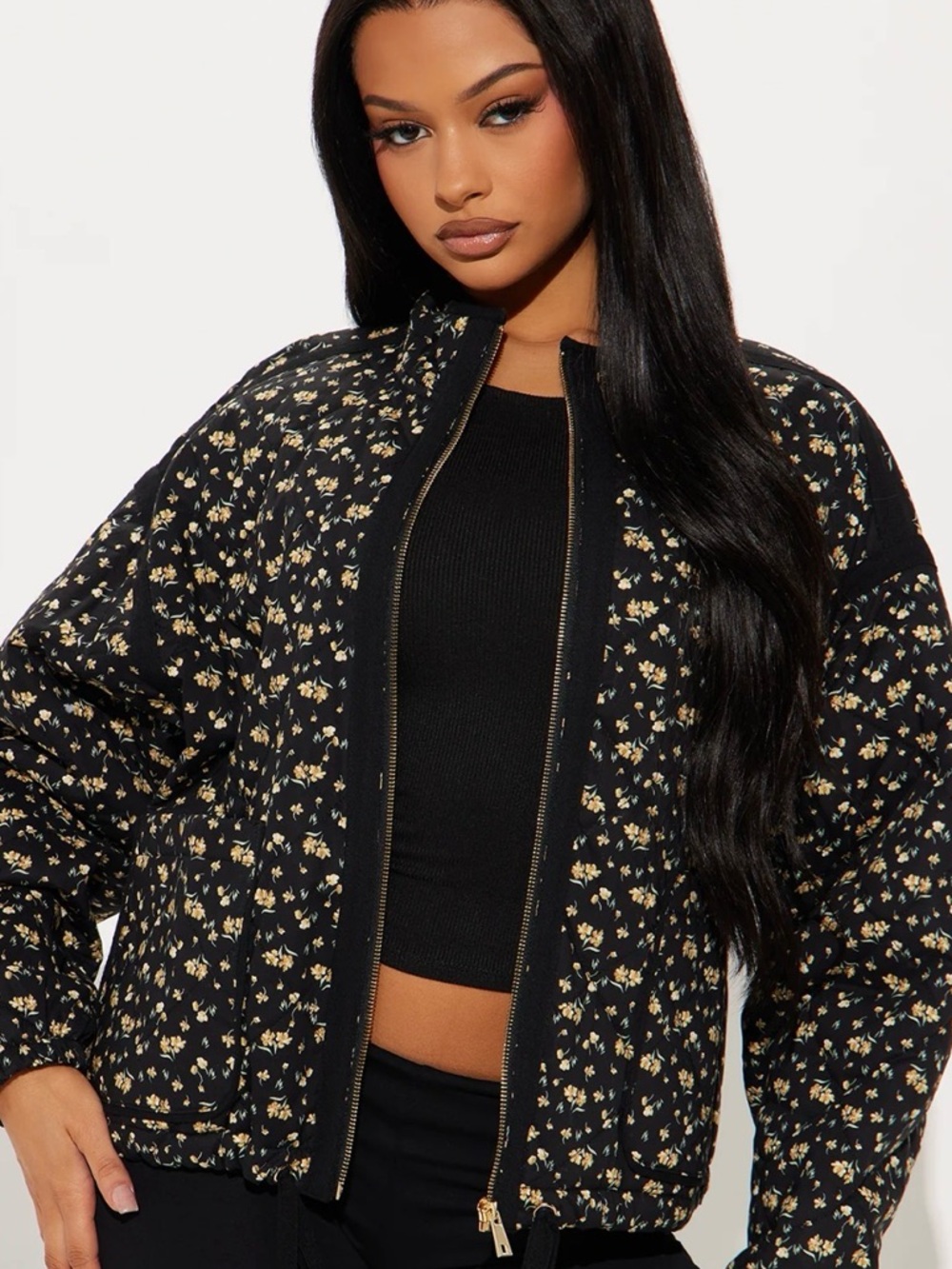 Fashion Nova Black Quilted Bomber Jacket with Beige Floral Print